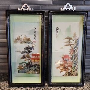 Pair Of Oriental Shell Art Shadow Boxes